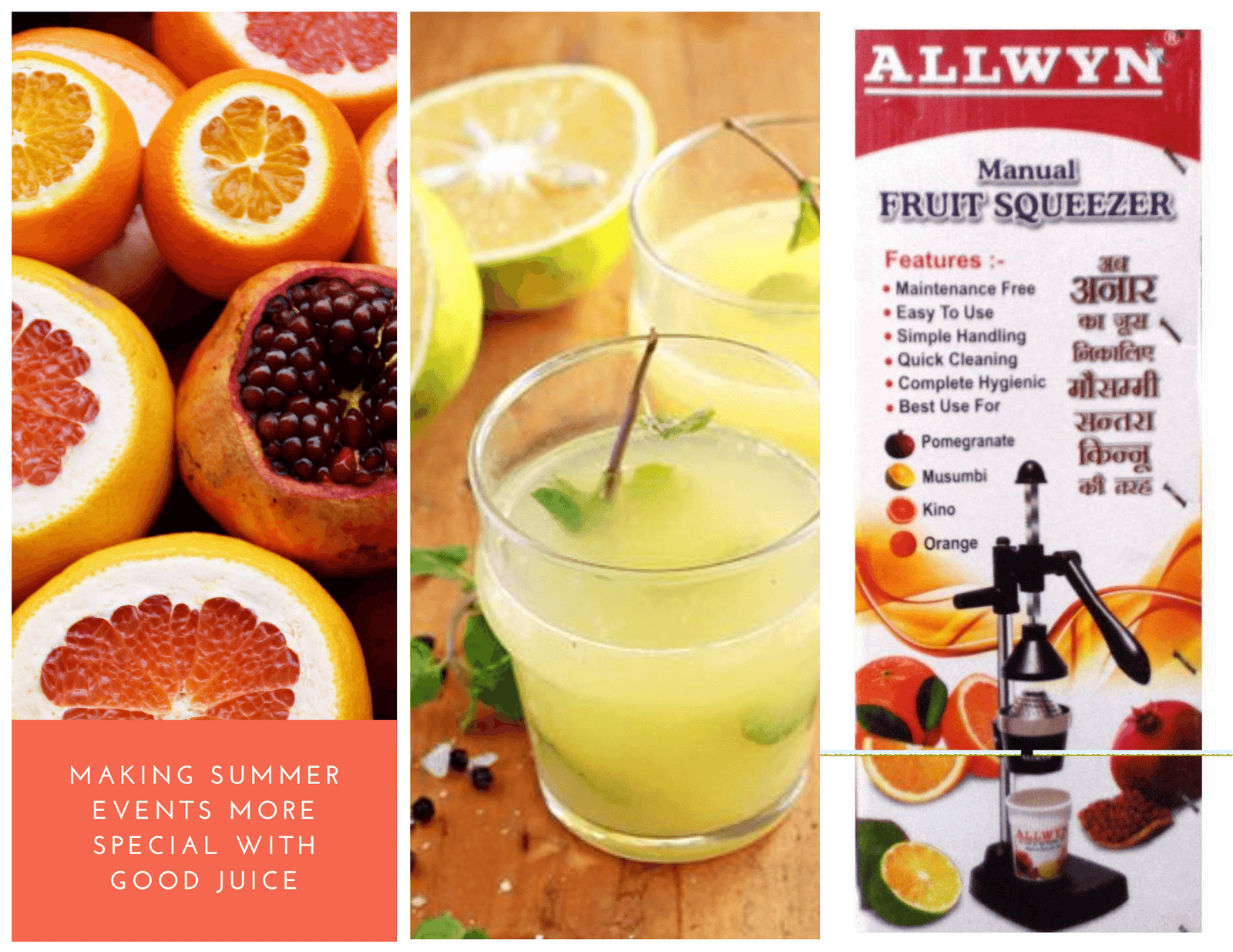 Freshly squeezed fruit juice with oranges and pomegranates, accompanied by a manual fruit squeezer for summer events.