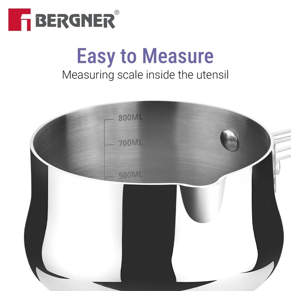 Stainless steel measuring cup with measurement markings on a white background, featuring the Bergner brand.