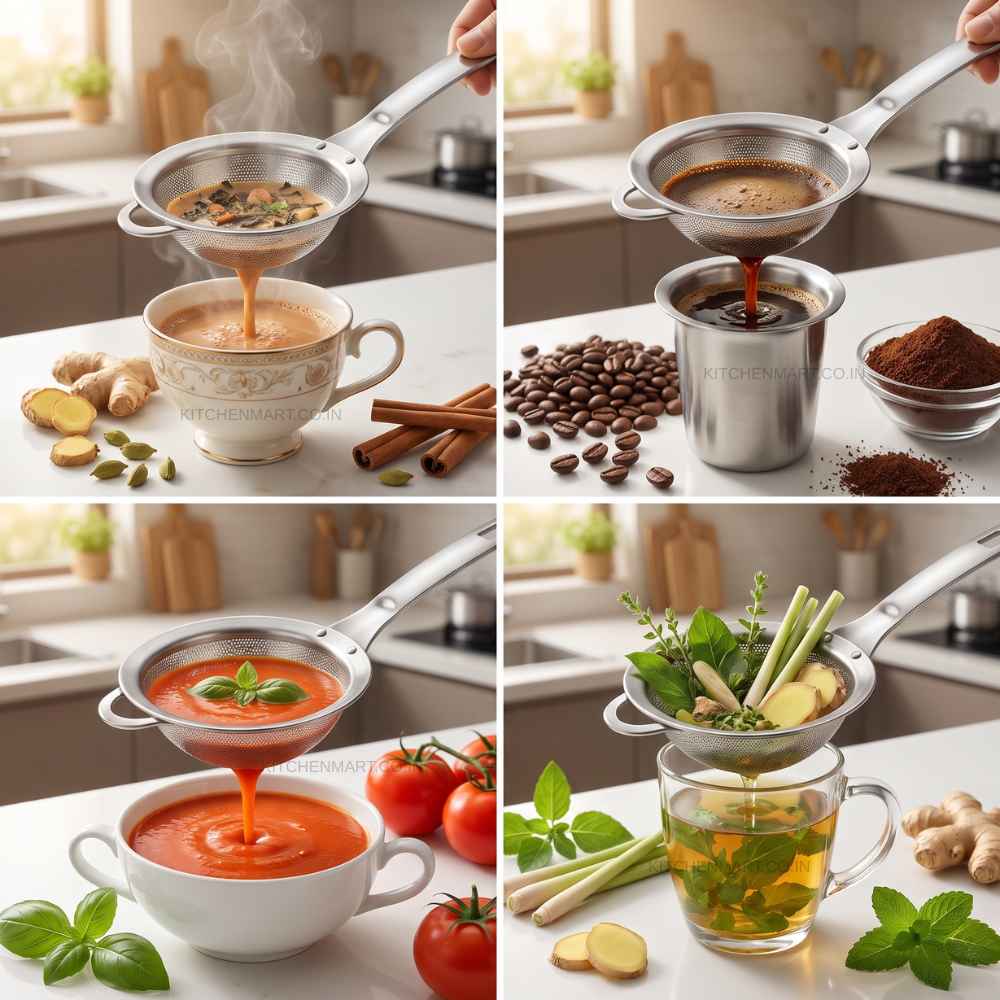 KitchenMart Shengya Stainless Steel Tea Strainer with Handle – SUS304 18/8 Steel (3 Sizes)