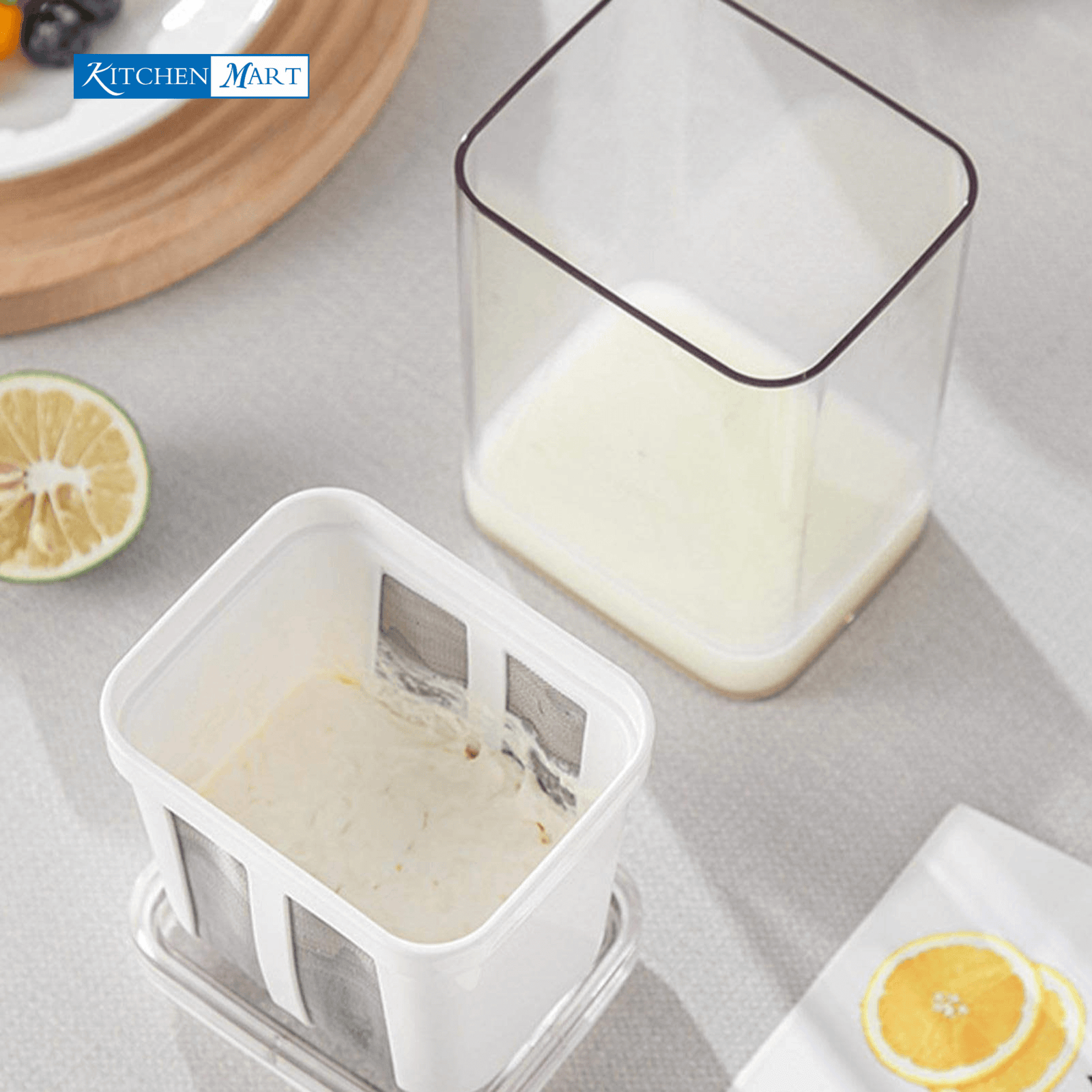 Greek yogurt making equipment featuring 1100ml strainer box with whey collection bowl