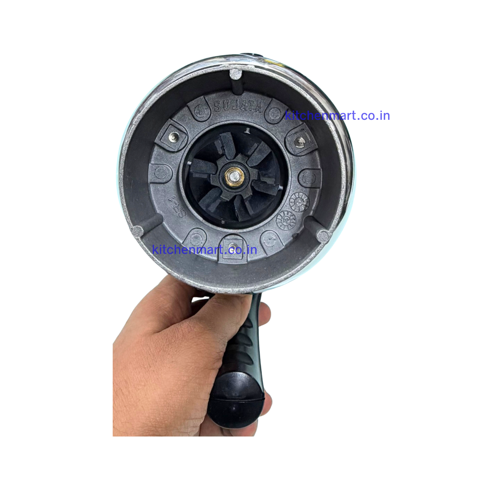 bottom view and Inside view of Sujata 1500ml dome jar showing blade and dome lid with safety lock