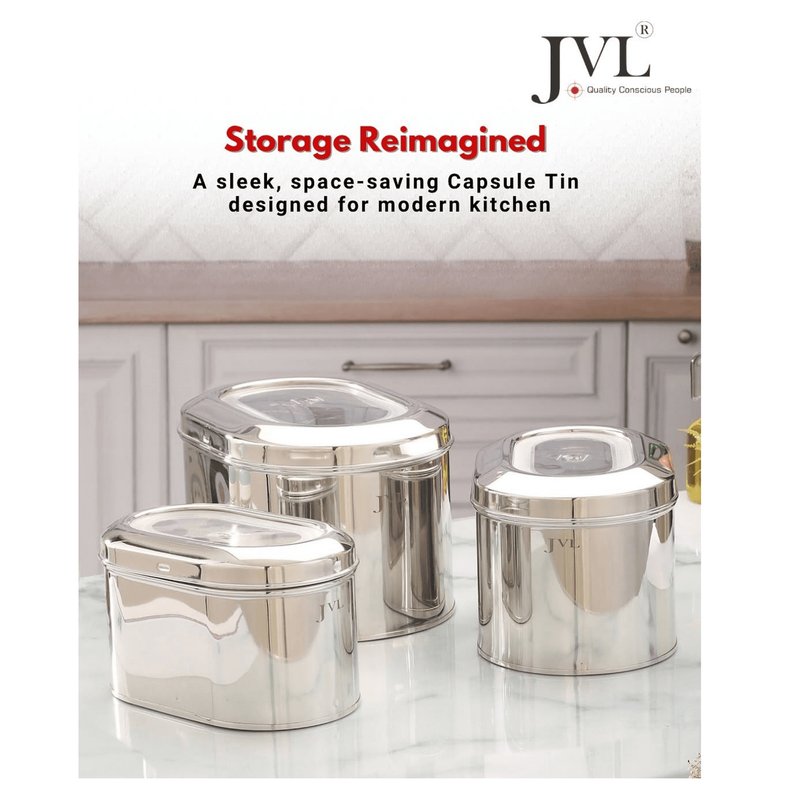 JVL stainless steel capsule tin food storage containers with see-through lids, ideal for modern kitchen organization.