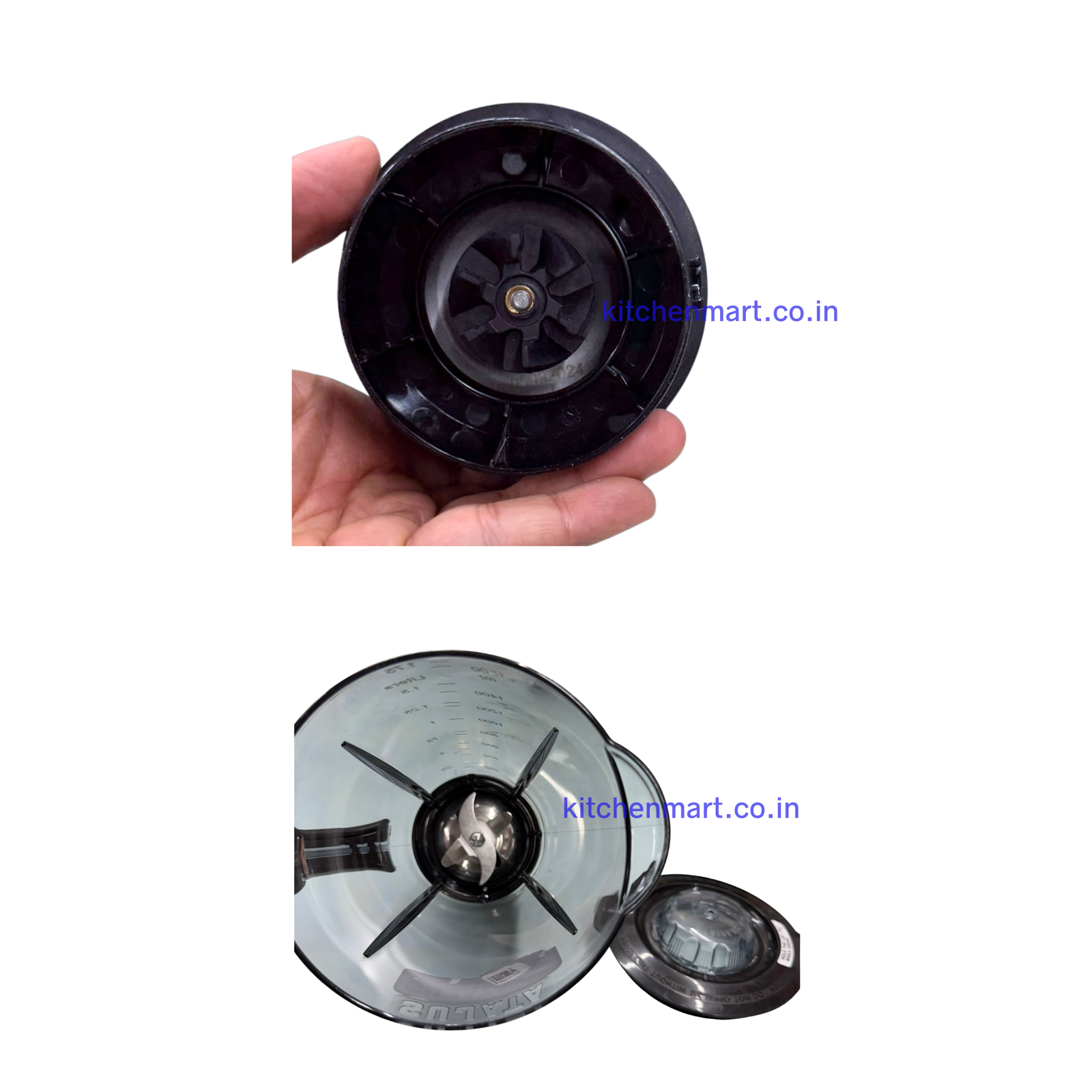 Bottom view and top view of Sujata 1750ml juicer jar showing blade assembly and coupling