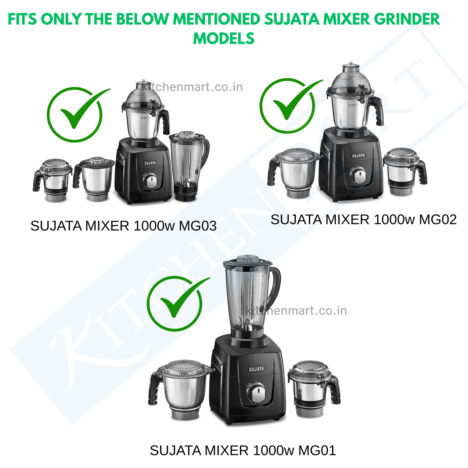 Sujata mixer grinder models with compatibility checkmarks on a white background