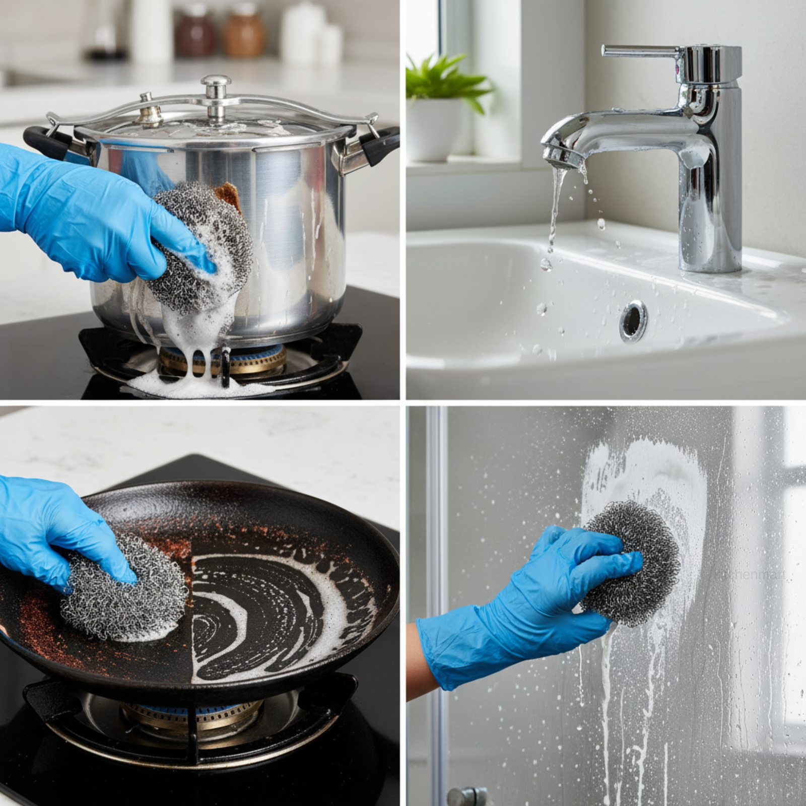 Four images showing cleaning actions with a scrubber and gloves in various settings.