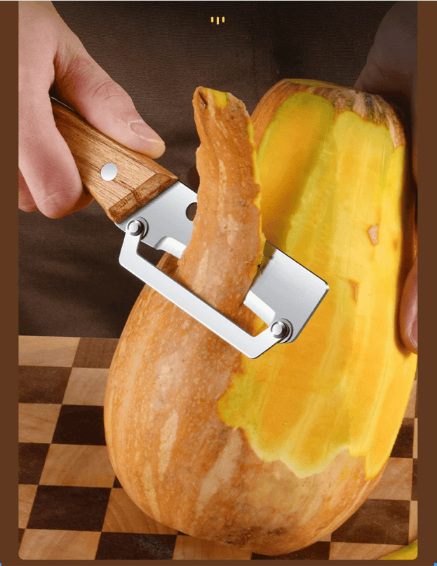 Stainless steel kitchen peeler being used as a bottle opener on a glass bottle