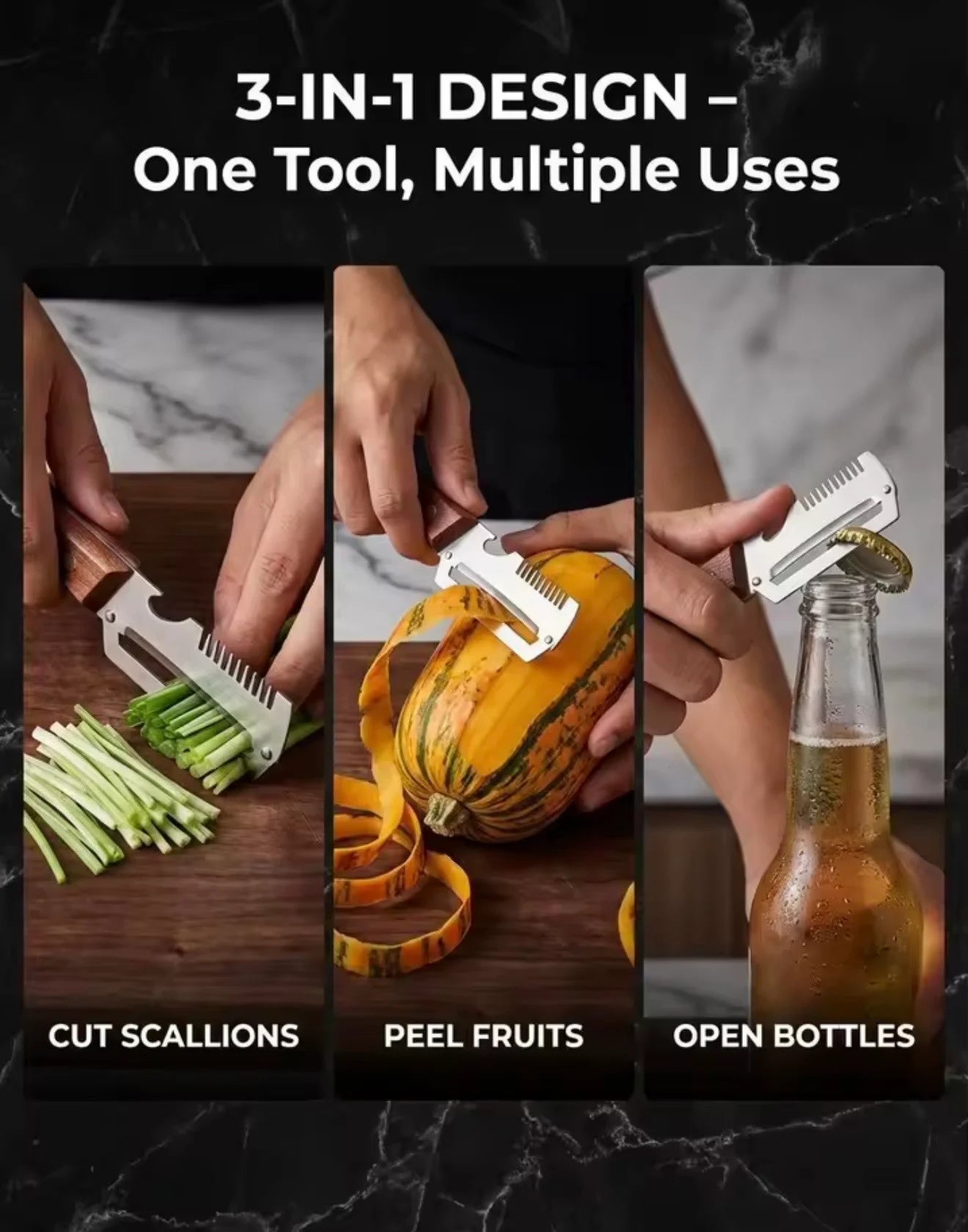 3-in-1 kitchen tool peeling blade serrated scallion comb and bottle opener