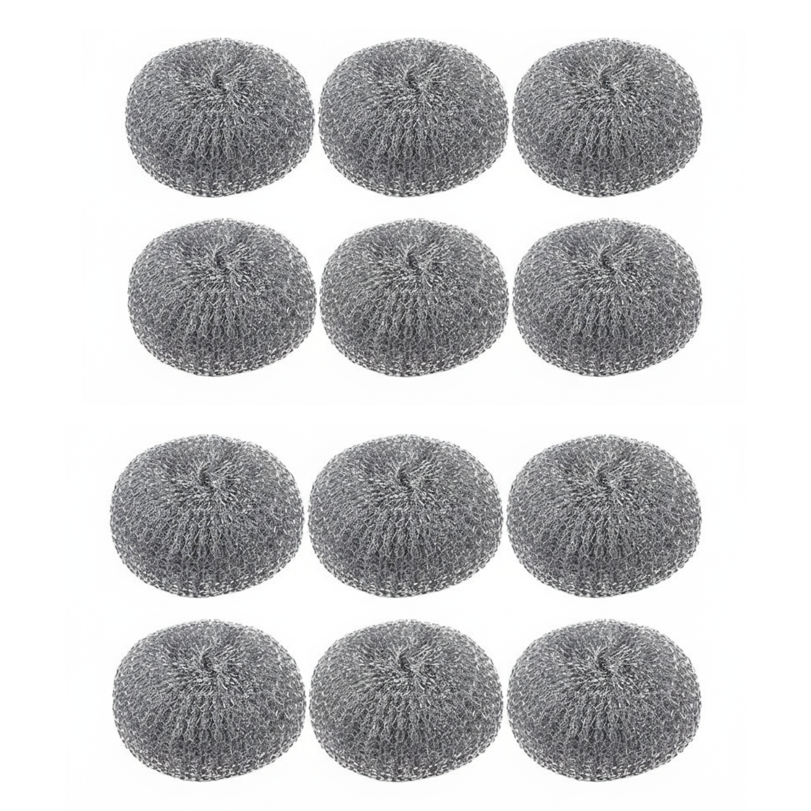 Set of 12 gray scrubber pads on a white background