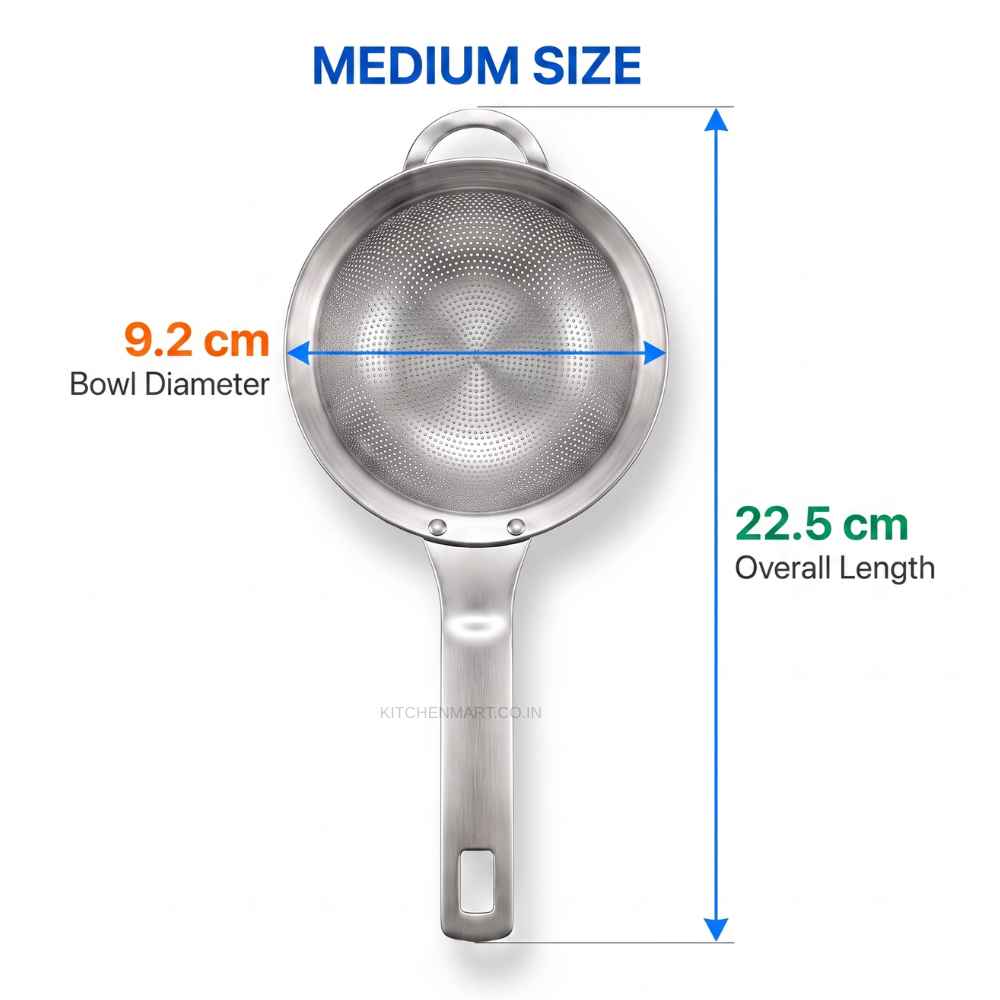 KitchenMart Shengya Stainless Steel Tea Strainer with Handle – SUS304 18/8 Steel (3 Sizes)