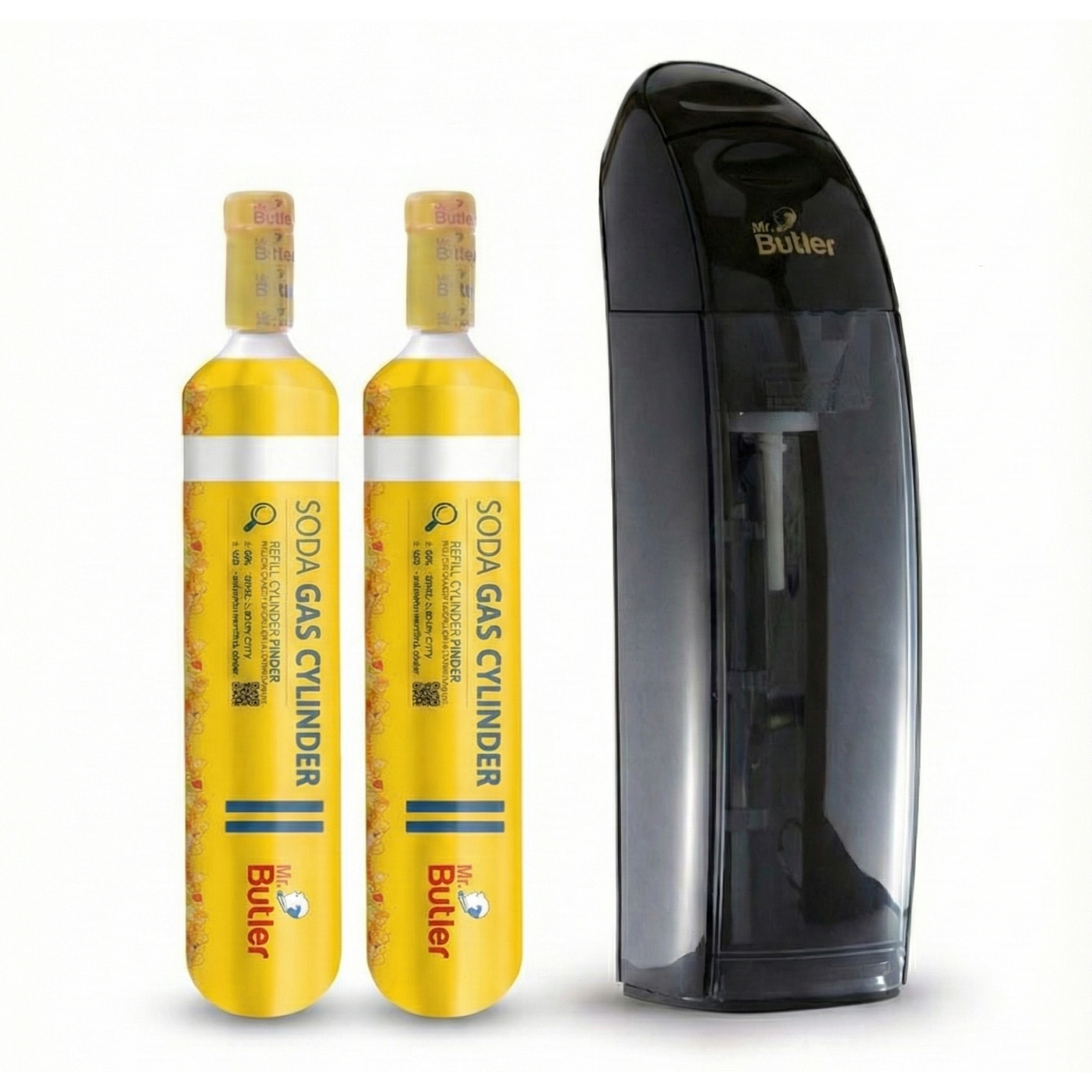 Professional home soda maker by Mr. Butler Italia in black with quick-connect CO2 cylinder and leak-proof 500ml carbonation bottle