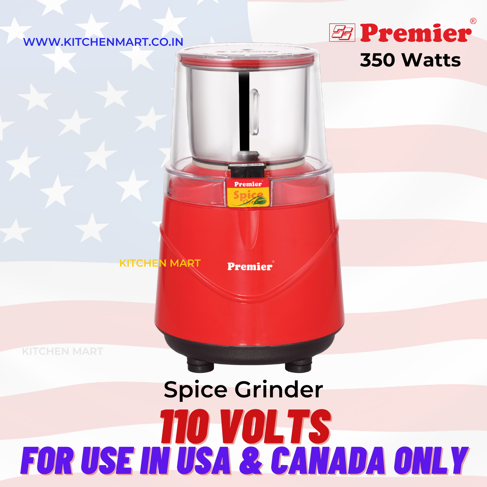 Premier Spice Grinder πΆοΈ β Powerful 350W Electric Grinder β‘ for Coffee Beans β, Spices π, and More β Stylish Red Finish β€οΈ with Clear Lid π - 110 volts for USA and Canada only
