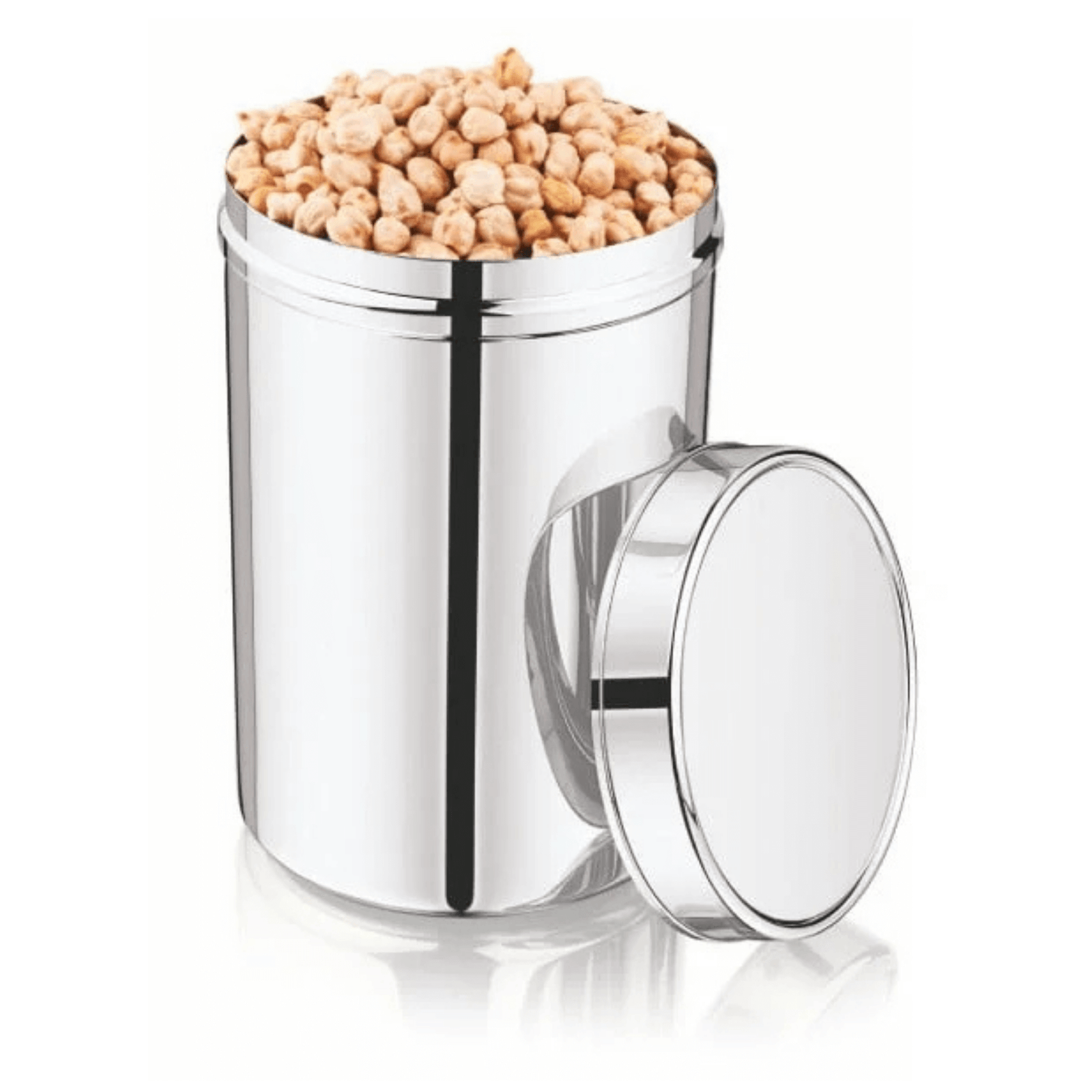 Mukti premium stainless steel jar canister with lid, filled with chickpeas, ideal for spices and dry storage.