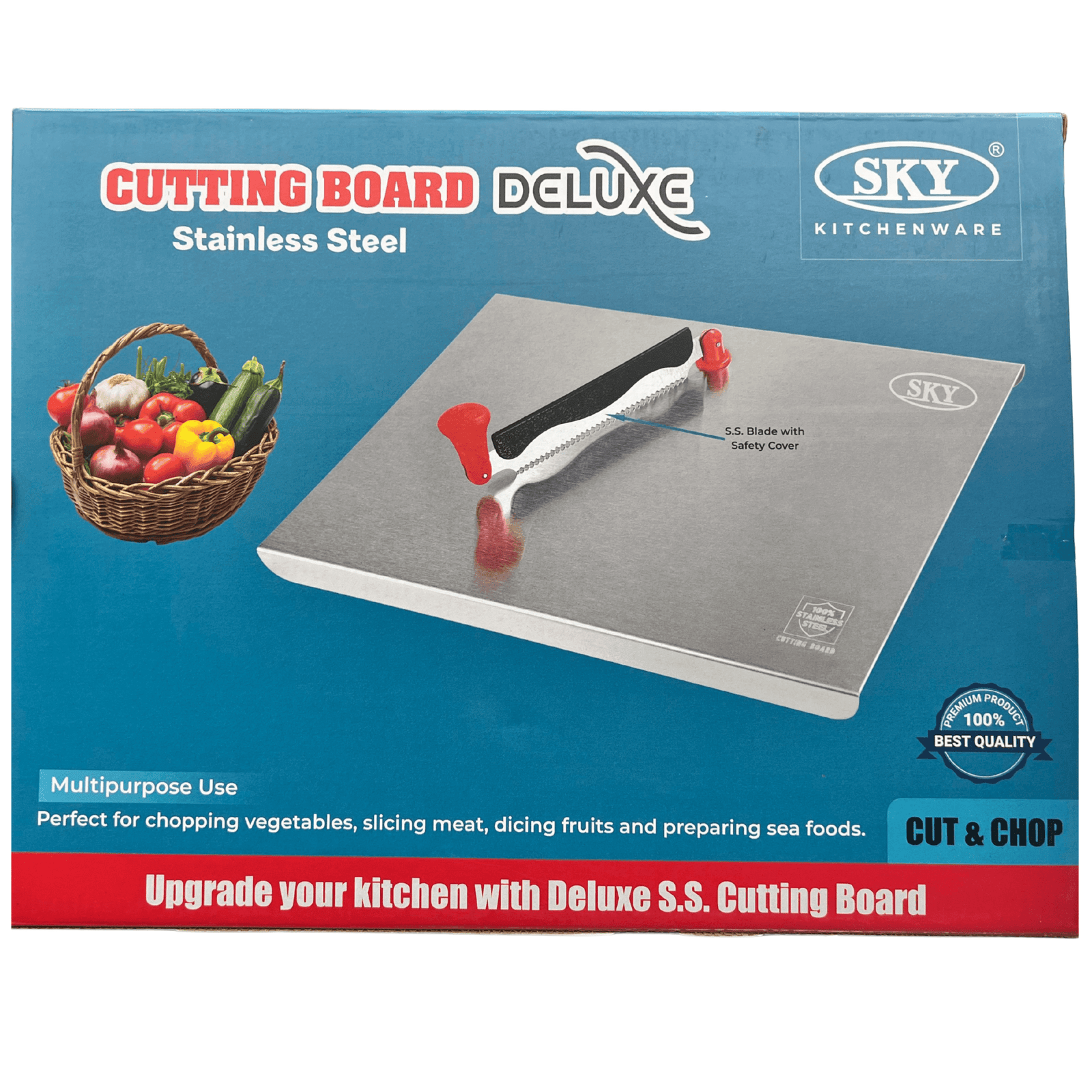 SKY stainless steel cutting board with integrated pivoting blade and safety cover