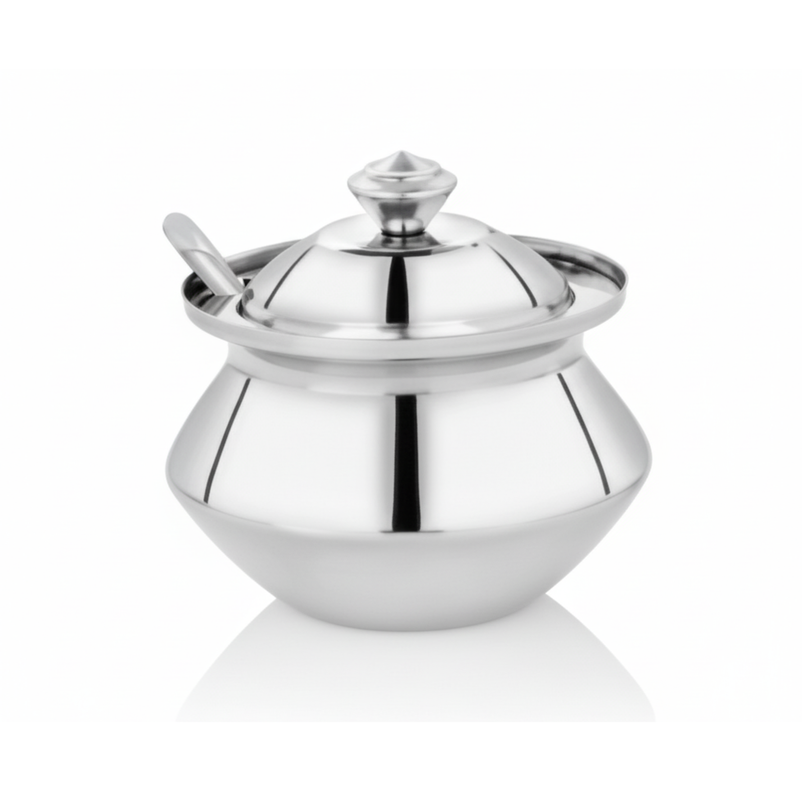 Amul stainless steel ghee pot with spoon and lid front view