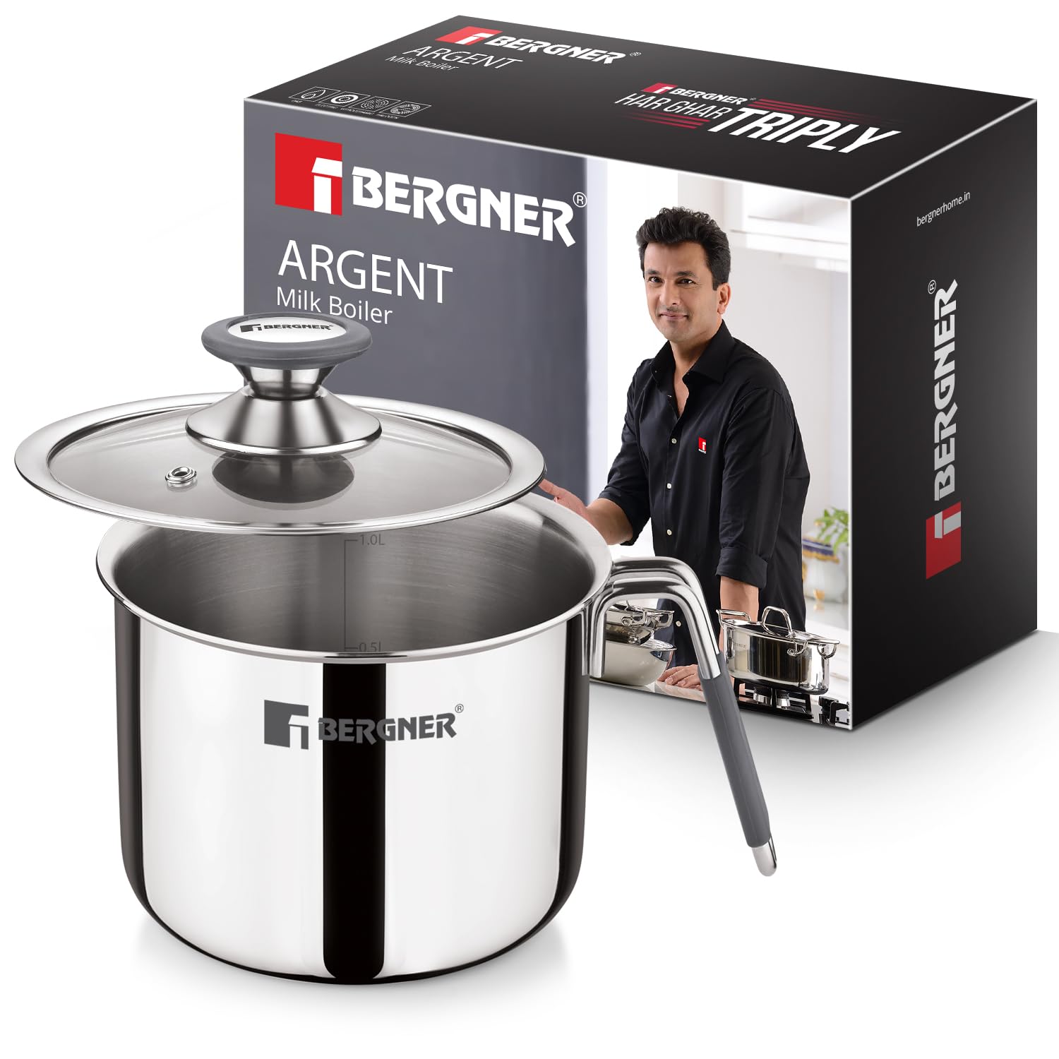 Bergner Argent Triply Stainless Steel Milk Boiler with Glass Lid & Stay-Cool Handle