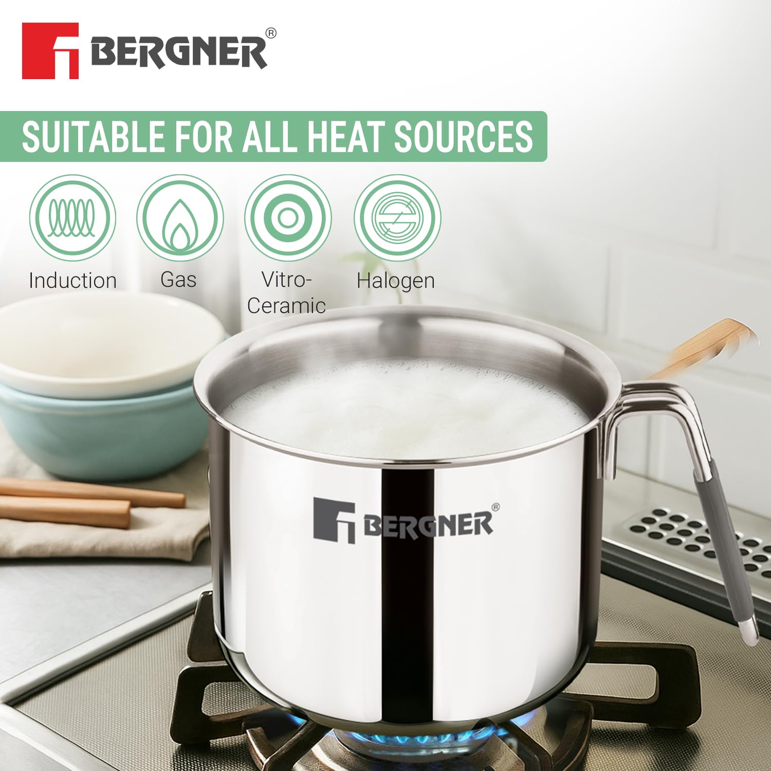 Bergner Argent Triply Stainless Steel Milk Boiler with Glass Lid & Stay-Cool Handle