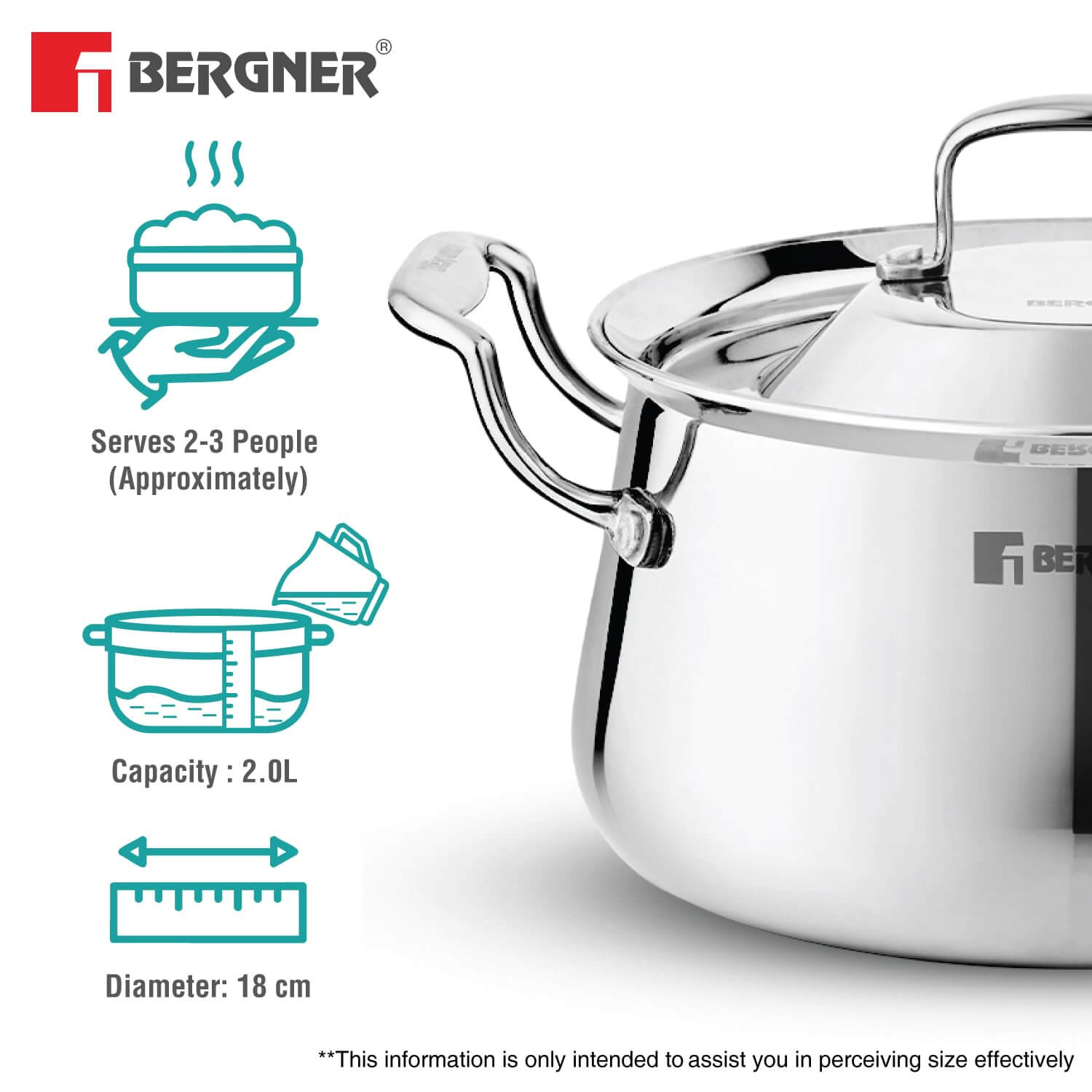 Bergner Argent Samsara Triply Stainless Steel Biryani Handi with lid, 2.0L capacity, 18 cm diameter, serves 2-3 people.