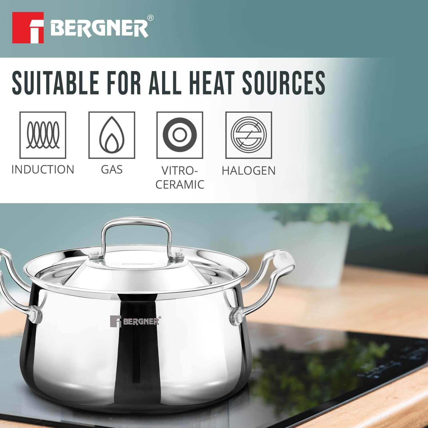 Bergner stainless steel pot displayed with text highlighting compatibility with induction, gas, vitro-ceramic, and halogen heat sources.