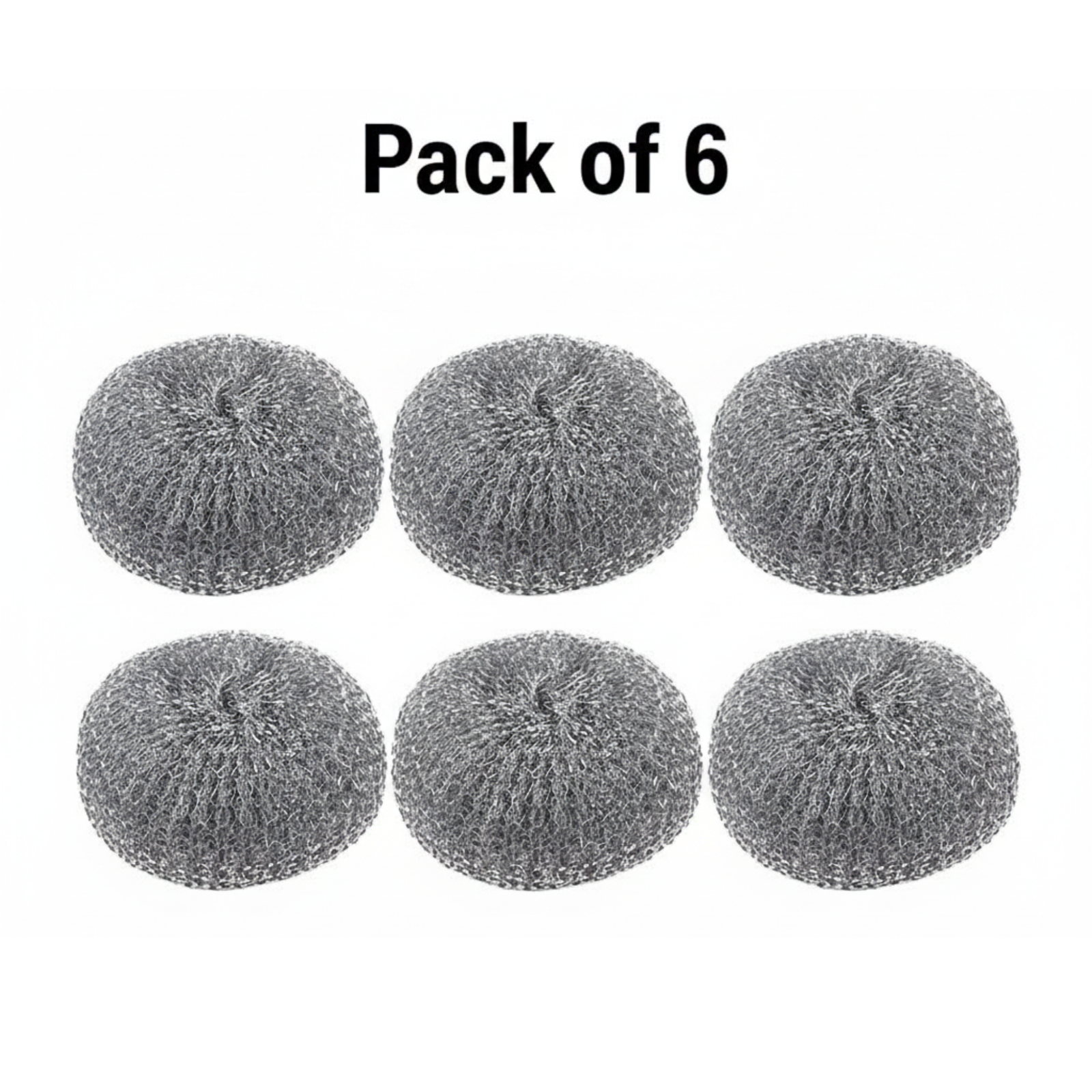 Pack of 6 metallic scrubber pads on a white background