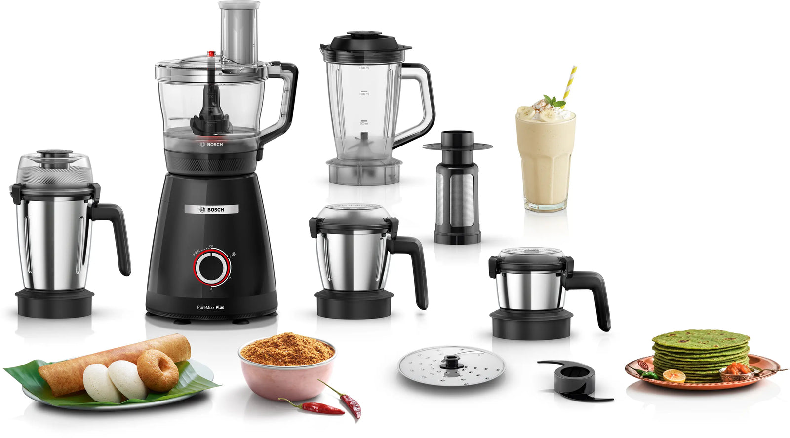 Collection of kitchen appliances including blenders and food processors on a white background. Bosch food processor with various attachmentsMixer Grinder TrueMixx Pro 800 W Black