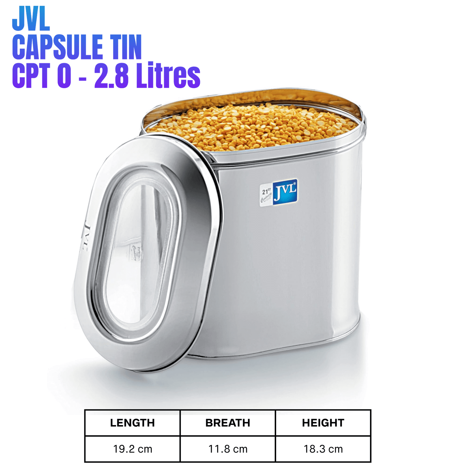 JVL stainless steel capsule tin food storage container with see-through lid, 2.8 litres capacity, dimensions displayed.