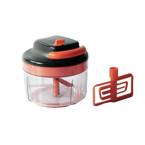 Meyer 2 Speed Pulling Chopper in orange, featuring dual speed technology and ultra-sharp stainless steel blades for efficient chopping.