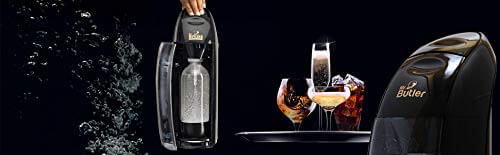 Black countertop carbonation machine by Mr. Butler Italia including gas cylinder and BPA-free bottle for making sparkling water