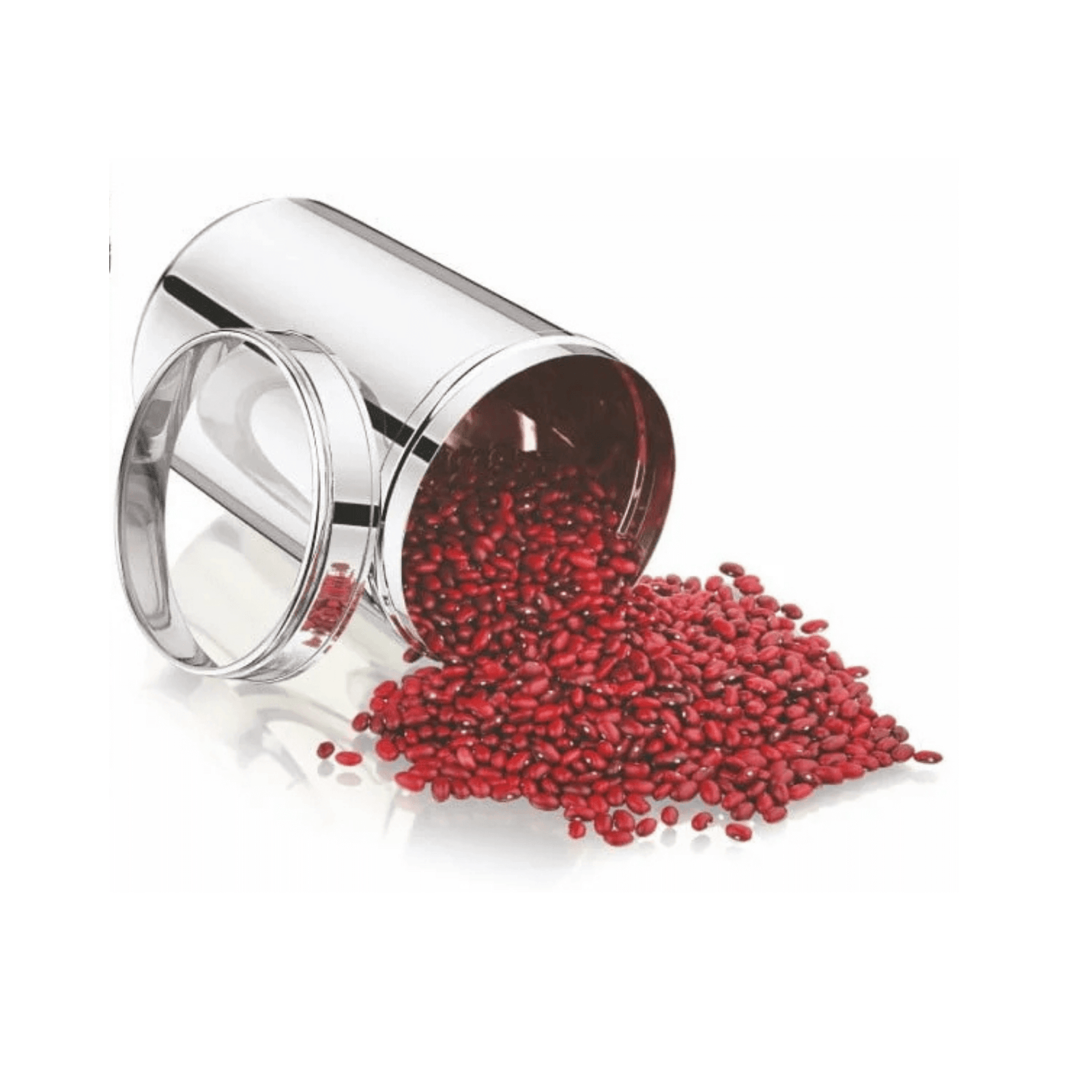 Mukti stainless steel jar with red beans spilled out, showcasing a see-through lid for easy content identification.