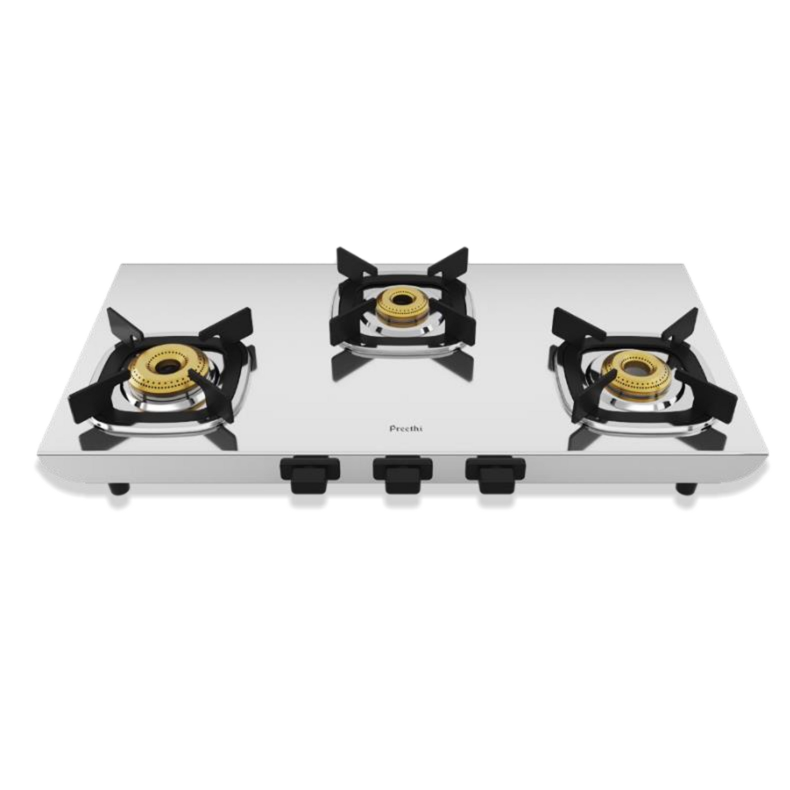 Preethi Glamsteel 3 Burners Gas Stove - Sleek Design, Brass Burners (S427)