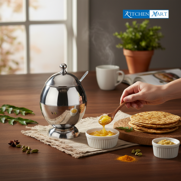 Oval shaped ghee pot 170ml stainless steel for Indian kitchen