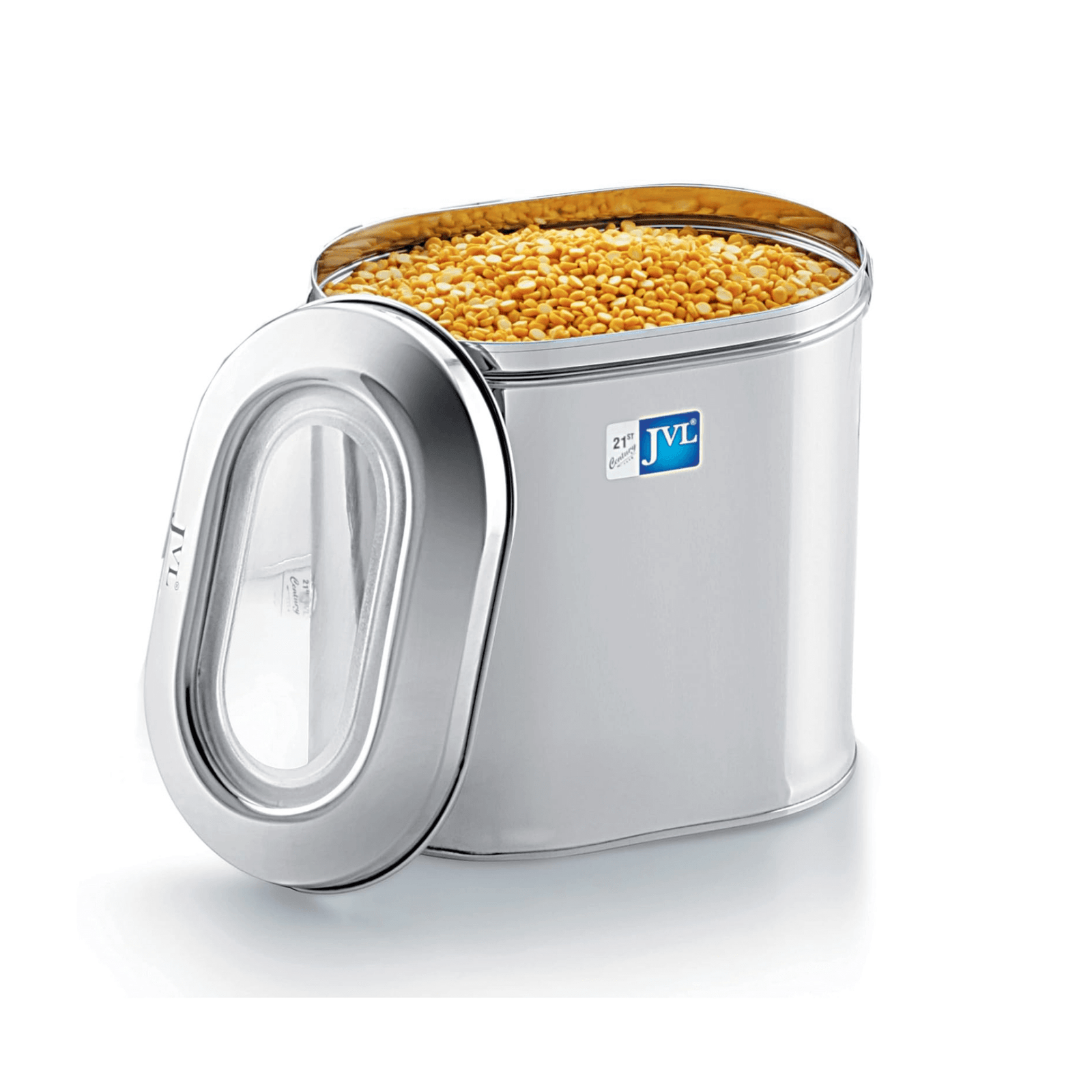 JVL stainless steel capsule tin food storage container with see-through lid, showcasing grains inside.