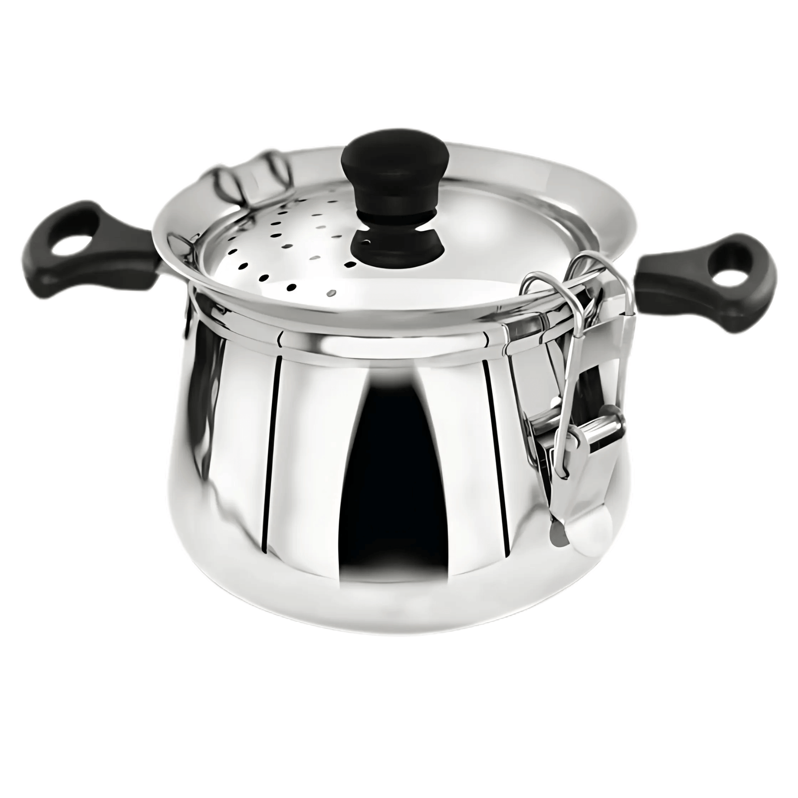 Kitchen Mart stainless steel rice maker handi with perforated lid and ergonomic handles for safe cooking.