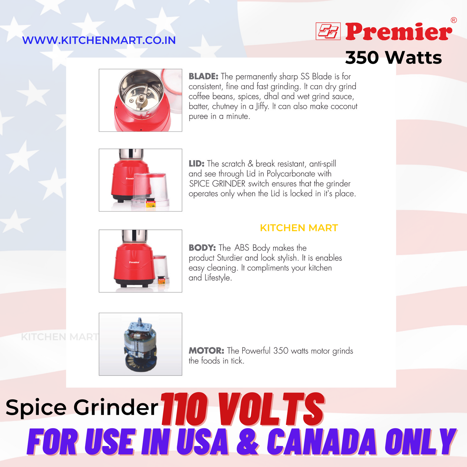 Premier Spice Grinder πΆοΈ β Powerful 350W Electric Grinder β‘ for Coffee Beans β, Spices π, and More β Stylish Red Finish β€οΈ with Clear Lid π - 110 volts for USA and Canada only