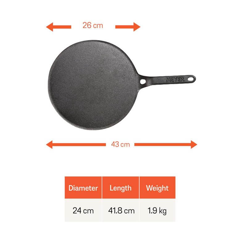 Close-up of Meyer Cast Iron Tawa with Canvas Grip dimensions