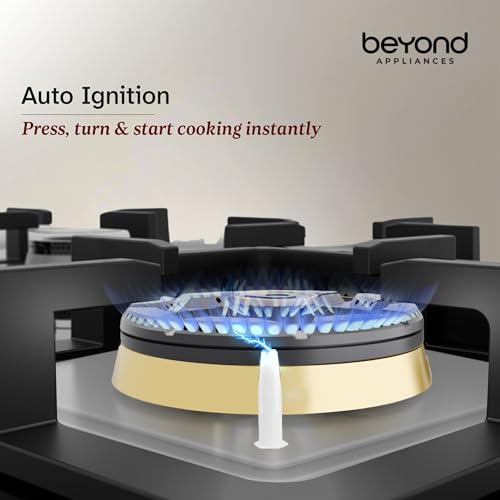 Gas stove with auto ignition feature and 'beyond appliances' branding.