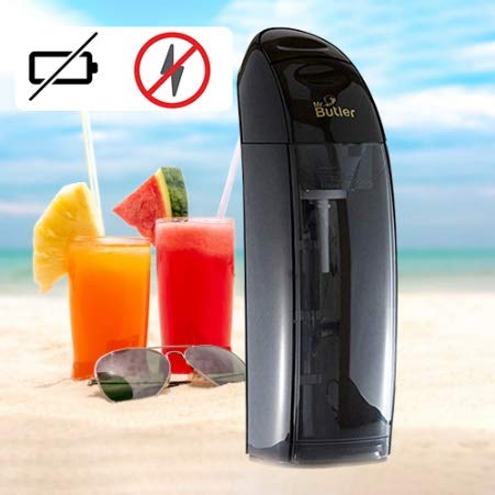 Compact black soda making machine by Mr. Butler Italia featuring CO2 gas cylinder and single serve 500ml carbonation bottle