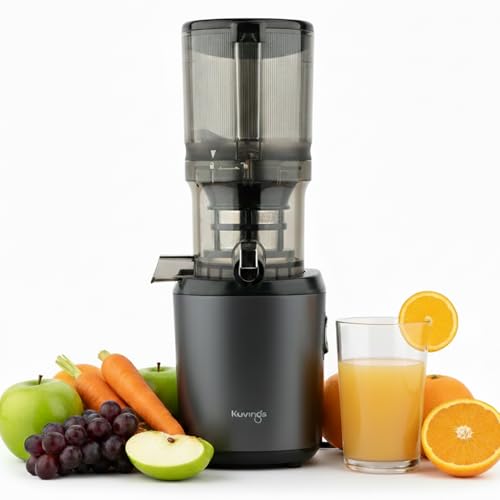Kuvings AUTO6 Gunmetal Black Cold Press Whole Slow Juicer with automatic hopper on kitchen counter