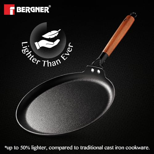 BERGNER Odin 31 cm Cast Iron Dosa Tawa with Wooden Handle, Big Size