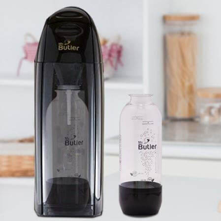 Italian-designed Mr. Butler black soda maker with easy-lock CO2 gas cylinder and food-grade plastic 500ml bottle