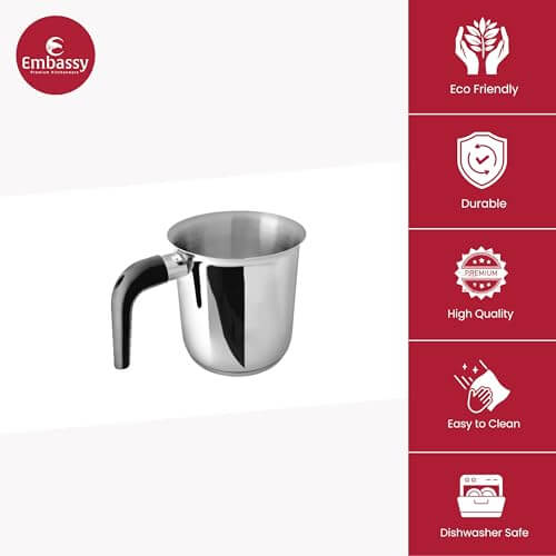 Professional grade stainless steel milk pot with heat resistant L-shaped handle