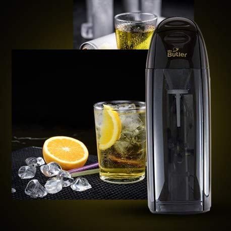 Mr. Butler Italia sparkling water maker in matte black finish with gas refill cylinder and dishwasher-safe 500ml bottle
