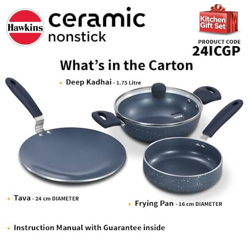 Hawkins Ceramic Nonstick 3-Piece Kitchen Gift Set - Deep Kadhai, Frying Pan, Tava