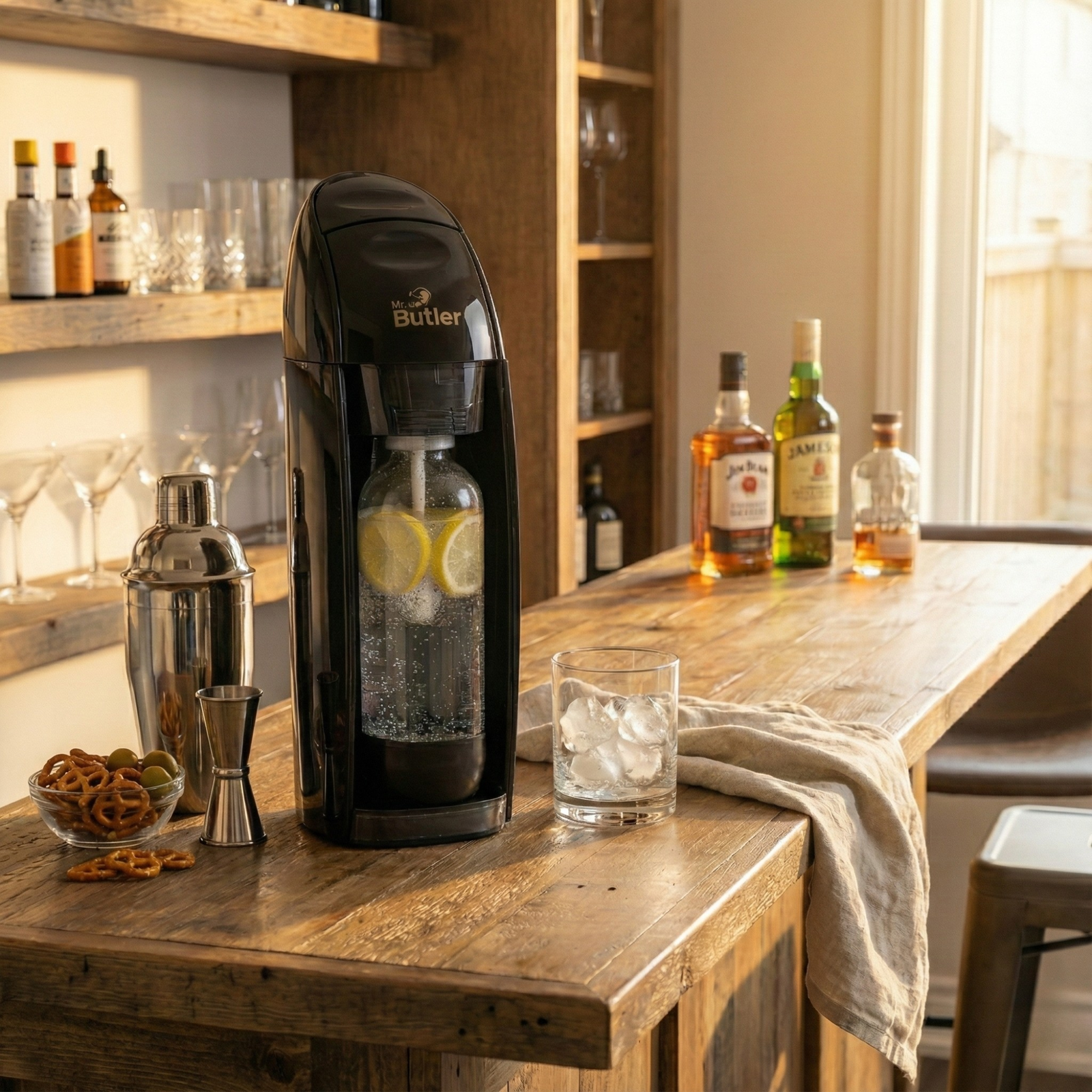 Butler cocktail mixer on a wooden bar counter with bottles and glasses in the background