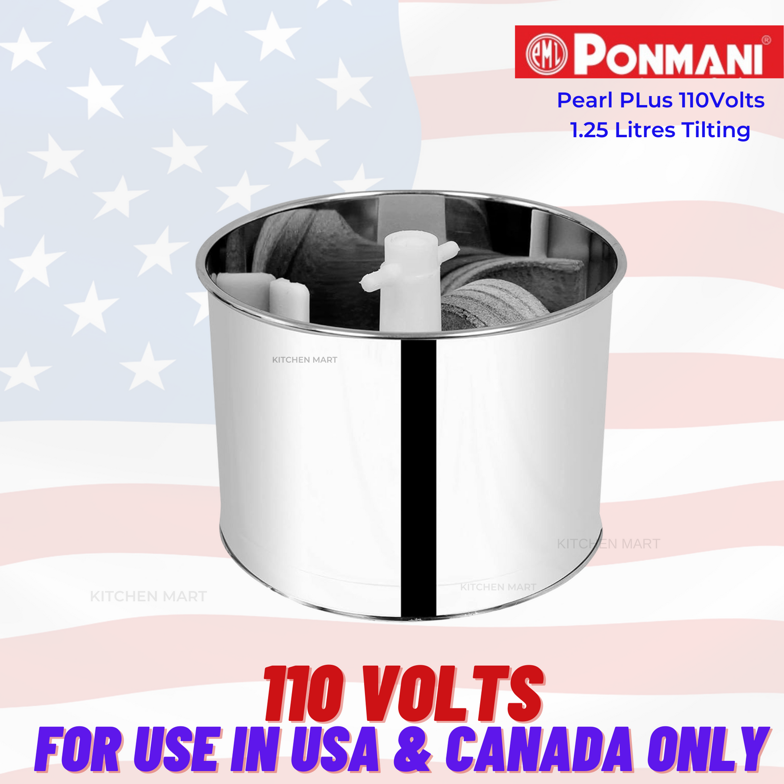 Ponmani Pearl Plus Mini Wet Grinder - 1.25L Capacity, Table Top Tilting Design, 150W Motor, 110Volts for use in USA & Canada only