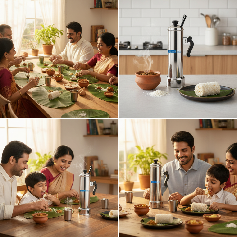 Stainless steel puttu maker with heat resistant Bakelite handle