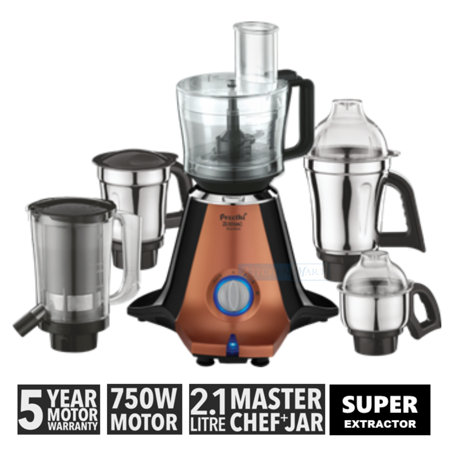 Preethi Zodiac Mixer Grinder 750 Watt, 5 Jars , 5 Yr Motor Warranty MG265 Stardust