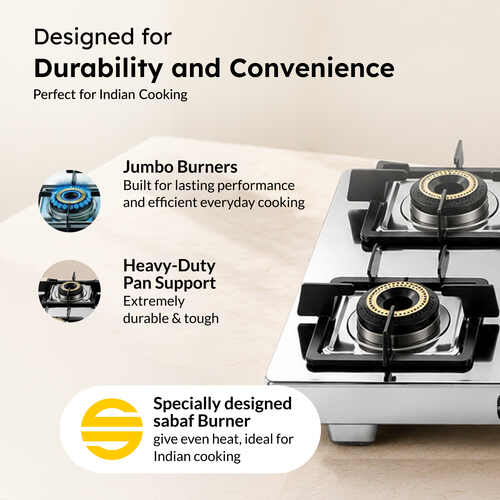 Prestige Stellora stainless steel gas stove heavy duty pan support holding a kadai