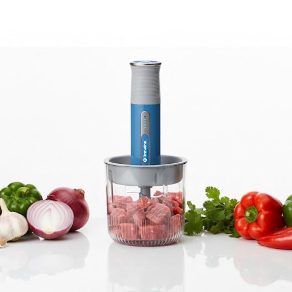 One-touch cordless food chopper with LED battery indicator stainless steel blades in clear ribbed glass container on neutral background