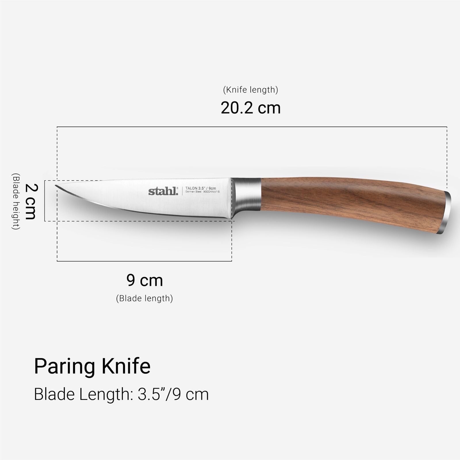 Stahl Talon paring knife blade length shown as 3.5 inches or 9 cm against a scale