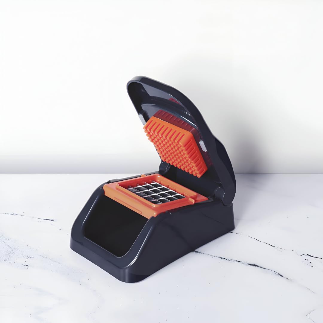 Meyer 2 in 1 vegetable dicer showing the BPA-free plastic body and integrated collection container